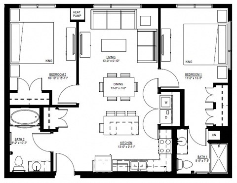 Floor plan for 2 beds, 2 baths, 1030 sqft